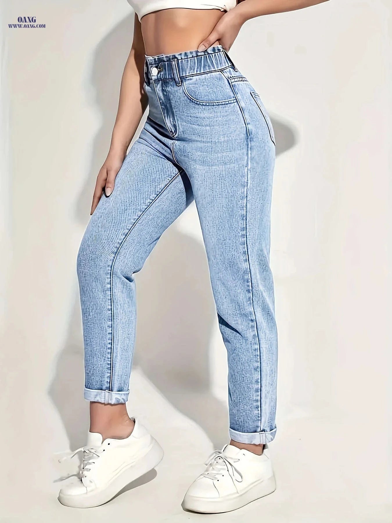 Women's Stretch Skinny Jeans - Elastic Waist, Non-See-Through Fabric   OAXG Medium Blue / S