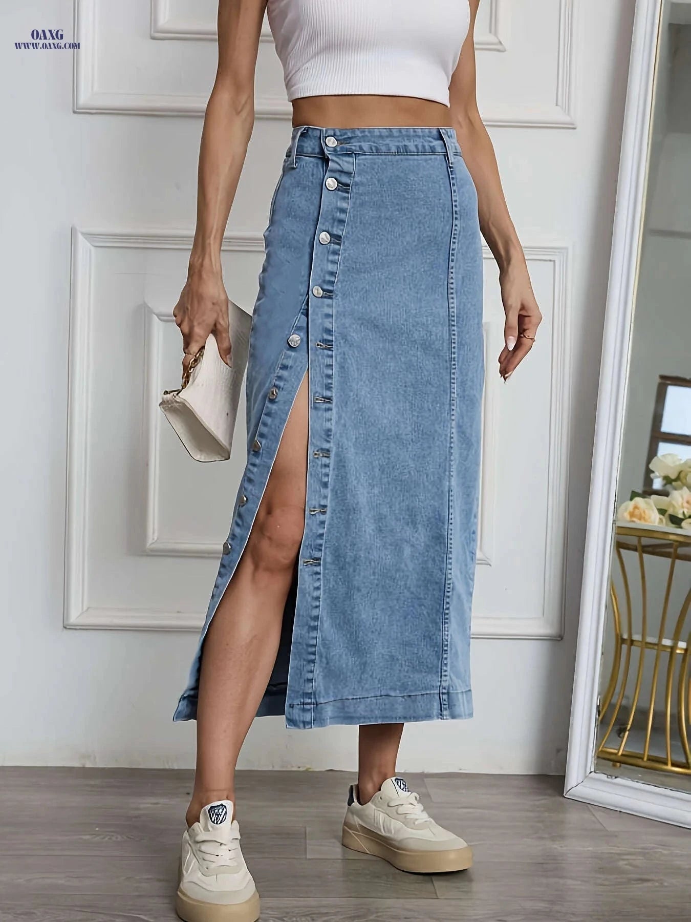 Women's Stretchy Black Denim Skirt - Casual Bodycon Design for All Seasons   OAXG 