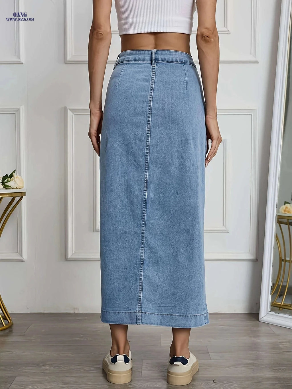Women's Stretchy Black Denim Skirt - Casual Bodycon Design for All Seasons   OAXG Light Blue / S
