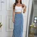 Women's Stretchy Black Denim Skirt - Casual Bodycon Design for All Seasons   OAXG Light Blue / S
