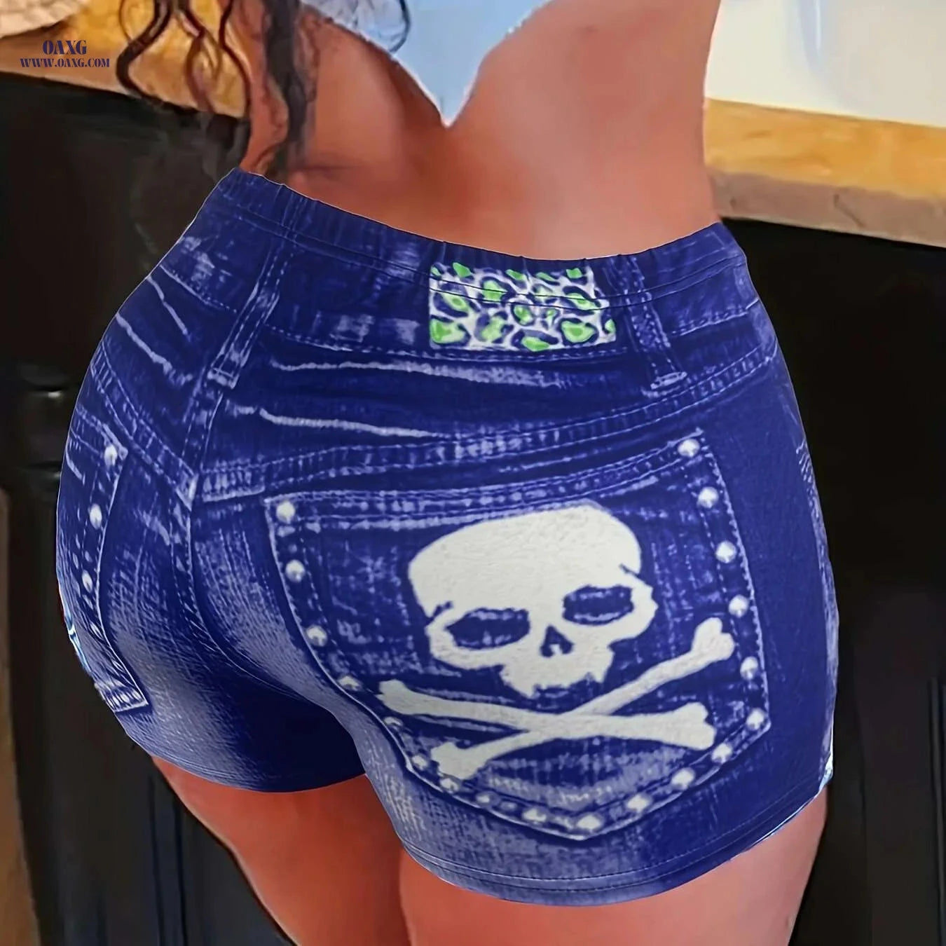 Women's Stretchy Denim Shorts - Skull Print, Mid-Rise, Edgy Style   OAXG 