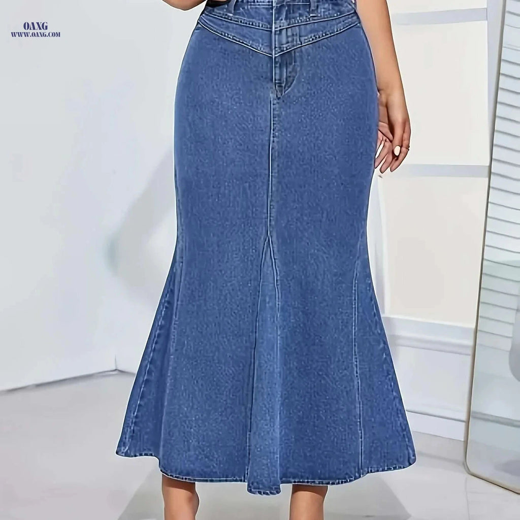 Women's Stretchy Fishtail Denim Skirt - Casual Water-Washed Blue   OAXG Deep Sky Blue / S