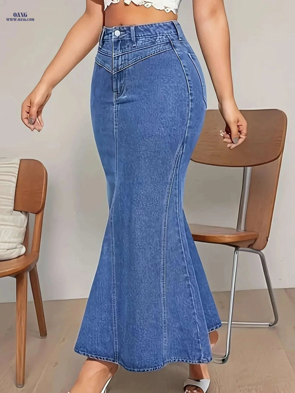 Women's Stretchy Fishtail Denim Skirt - Casual Water-Washed Blue   OAXG Deep Sky Blue / S