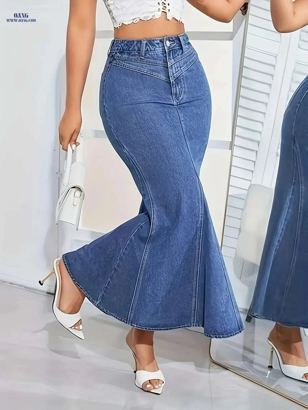 Women's Stretchy Fishtail Denim Skirt - Casual Water-Washed Blue   OAXG Deep Sky Blue / S