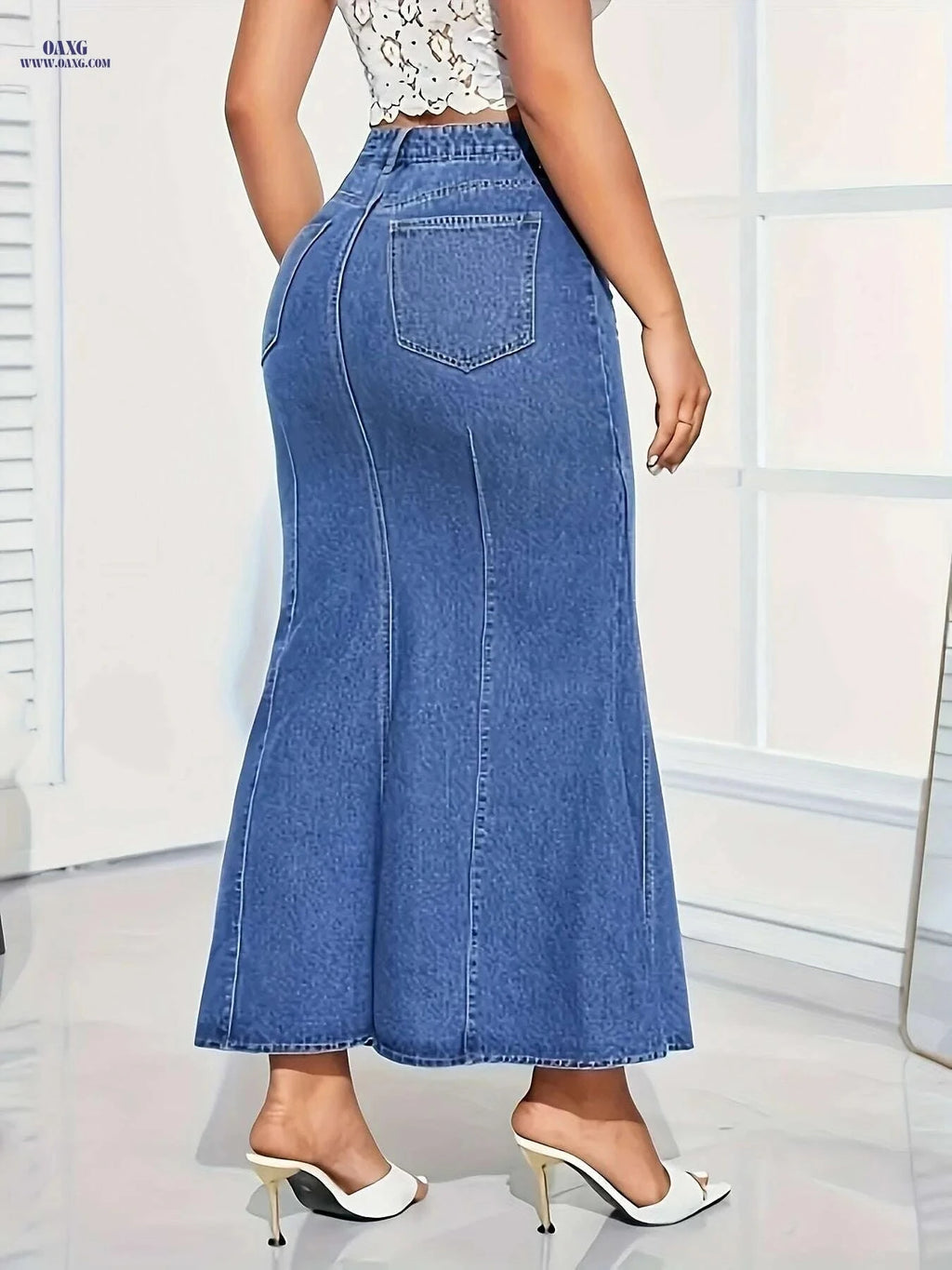 Women's Stretchy Fishtail Denim Skirt - Casual Water-Washed Blue   OAXG 