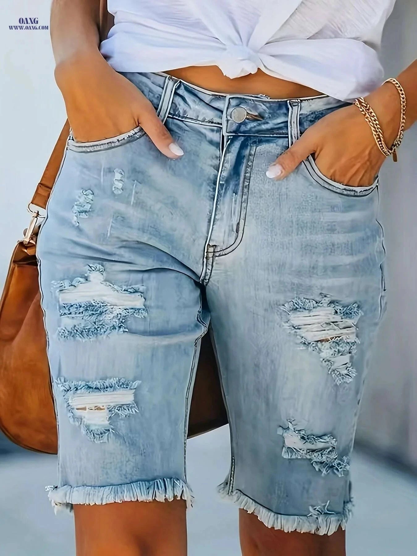 Women's Stretchy High-Stretch Denim Bermuda Shorts - Casual Ripped Style   OAXG 