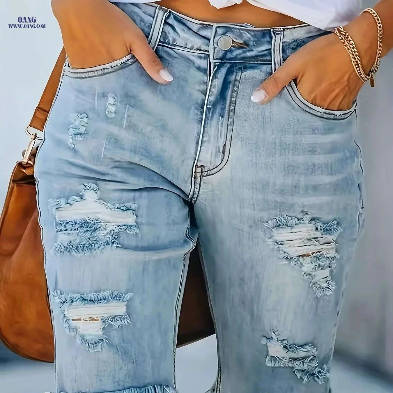 Women's Stretchy High-Stretch Denim Bermuda Shorts - Casual Ripped Style   OAXG 