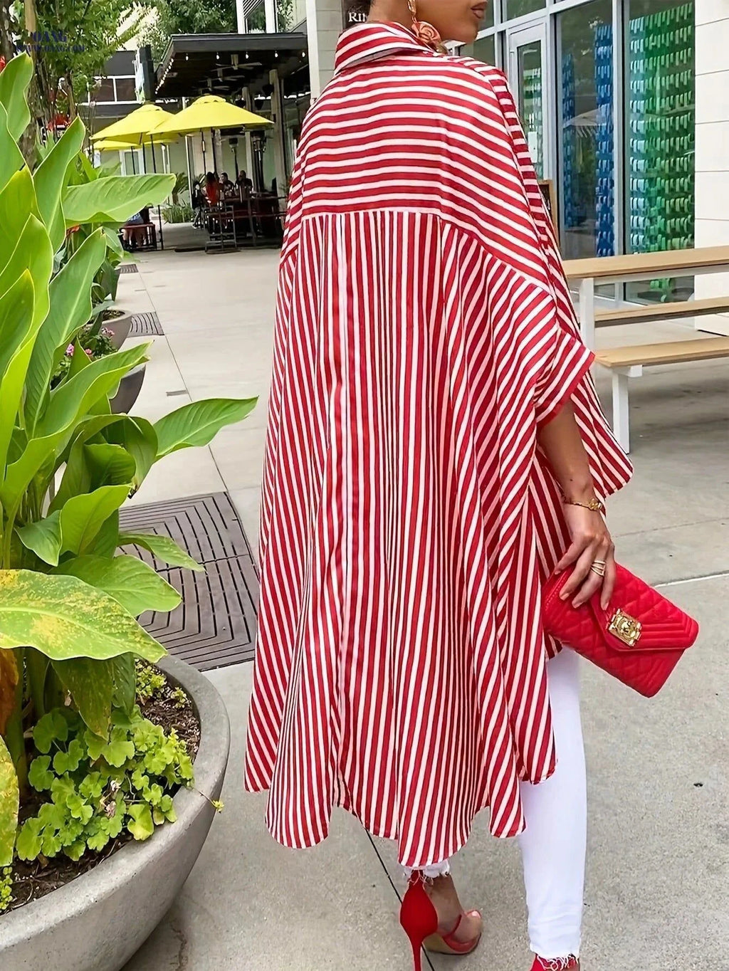 Women's Striped Long Sleeve Shirt - Casual Front Short Back Design   OAXG Red And White / S