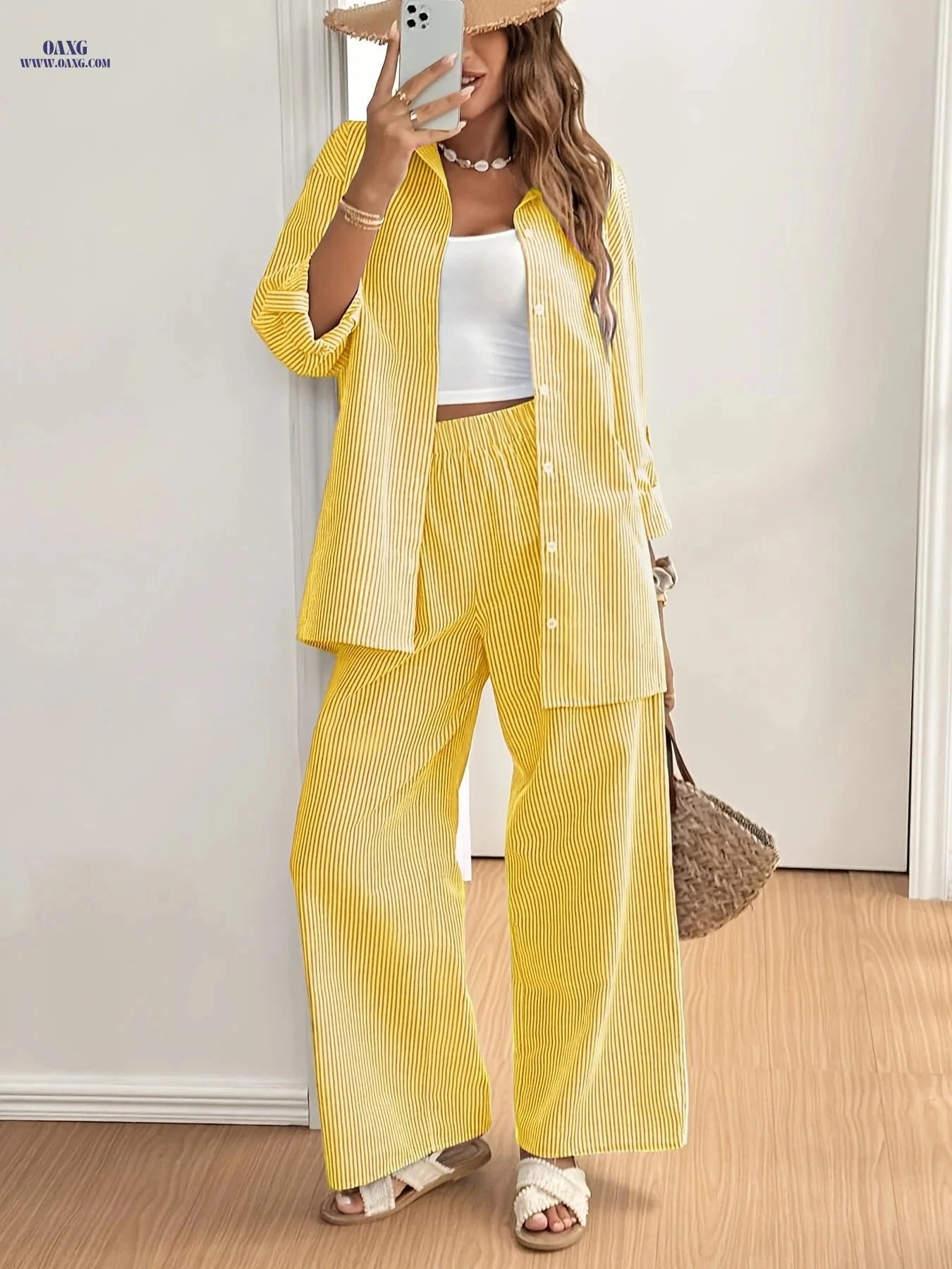 Women's Striped Polyester 2pcs Set - Elegant Casual Outfit   OAXG Pink / S