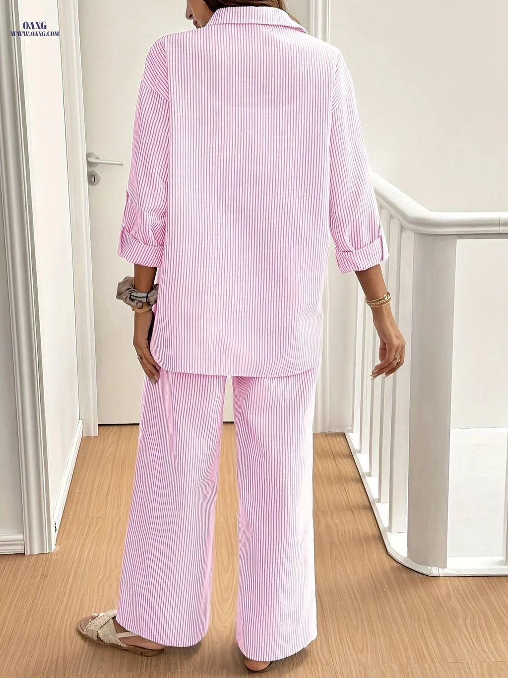 Women's Striped Polyester 2pcs Set - Elegant Casual Outfit   OAXG Pink / S