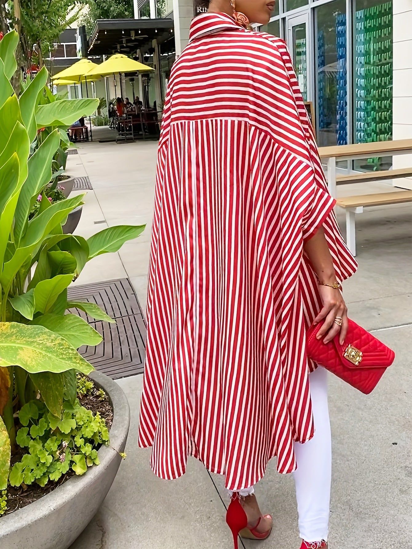 Women'S Striped Print Front Short Back Long Casual Long Sleeve Shirt   OAXG Red And White / S