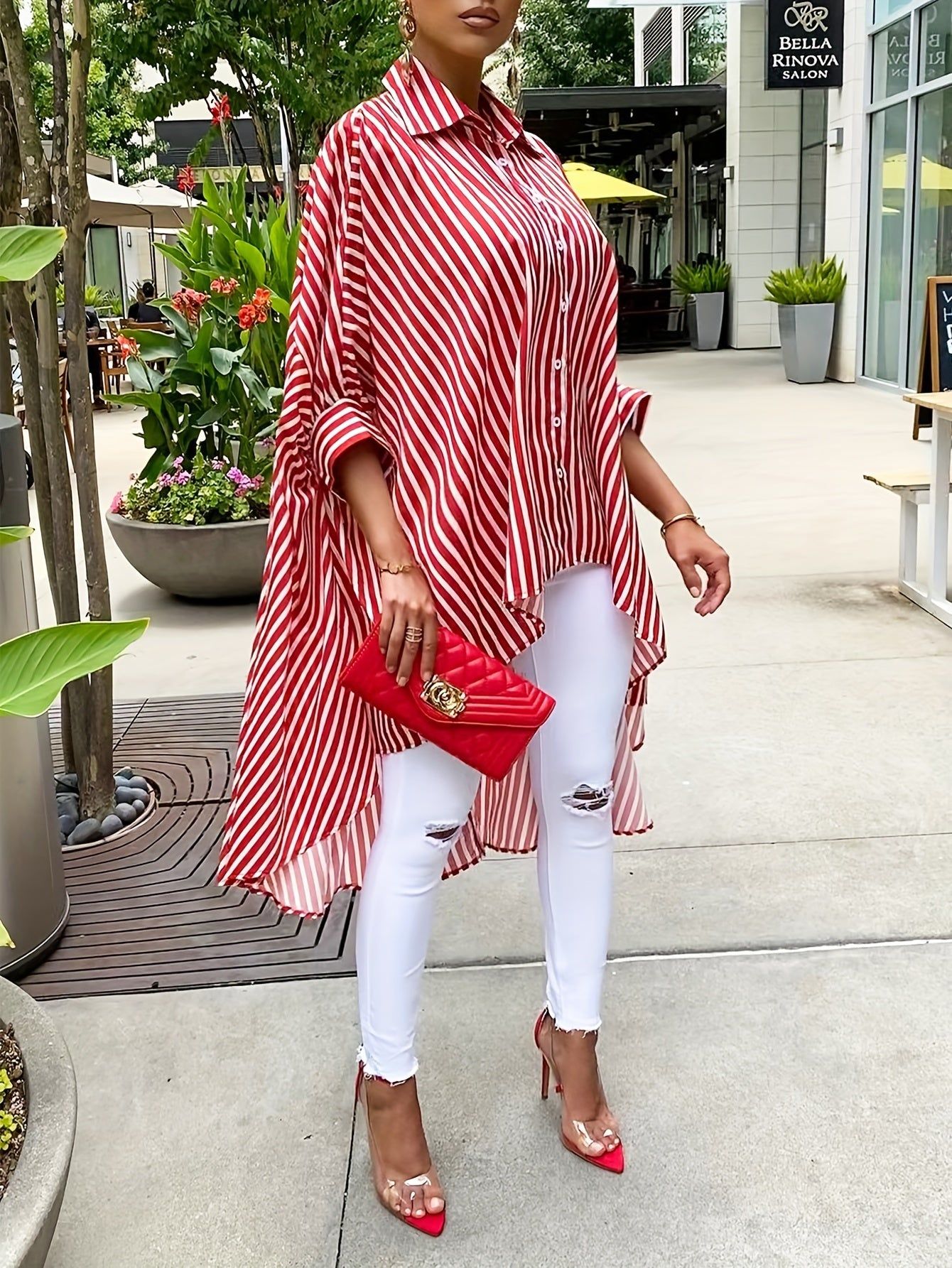Women'S Striped Print Front Short Back Long Casual Long Sleeve Shirt   OAXG Red And White / S