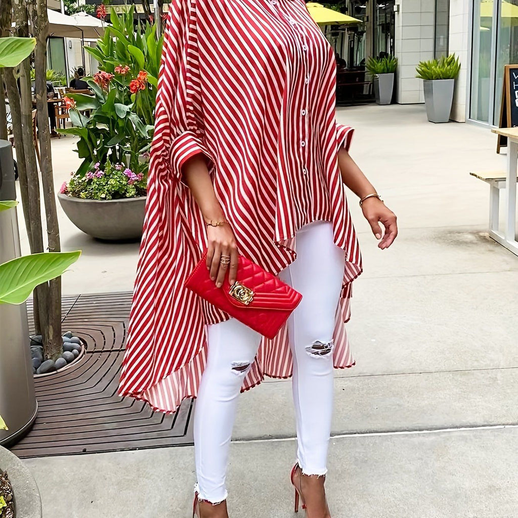Women'S Striped Print Front Short Back Long Casual Long Sleeve Shirt   OAXG Red And White / S