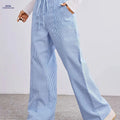 Women's Striped Print Straight Leg Pants - Casual Drawstring Style   OAXG 