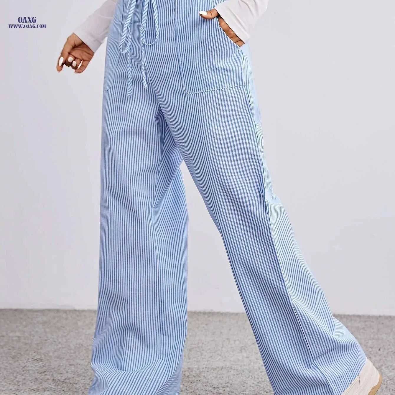 Women's Striped Print Straight Leg Pants - Casual Drawstring Style   OAXG 