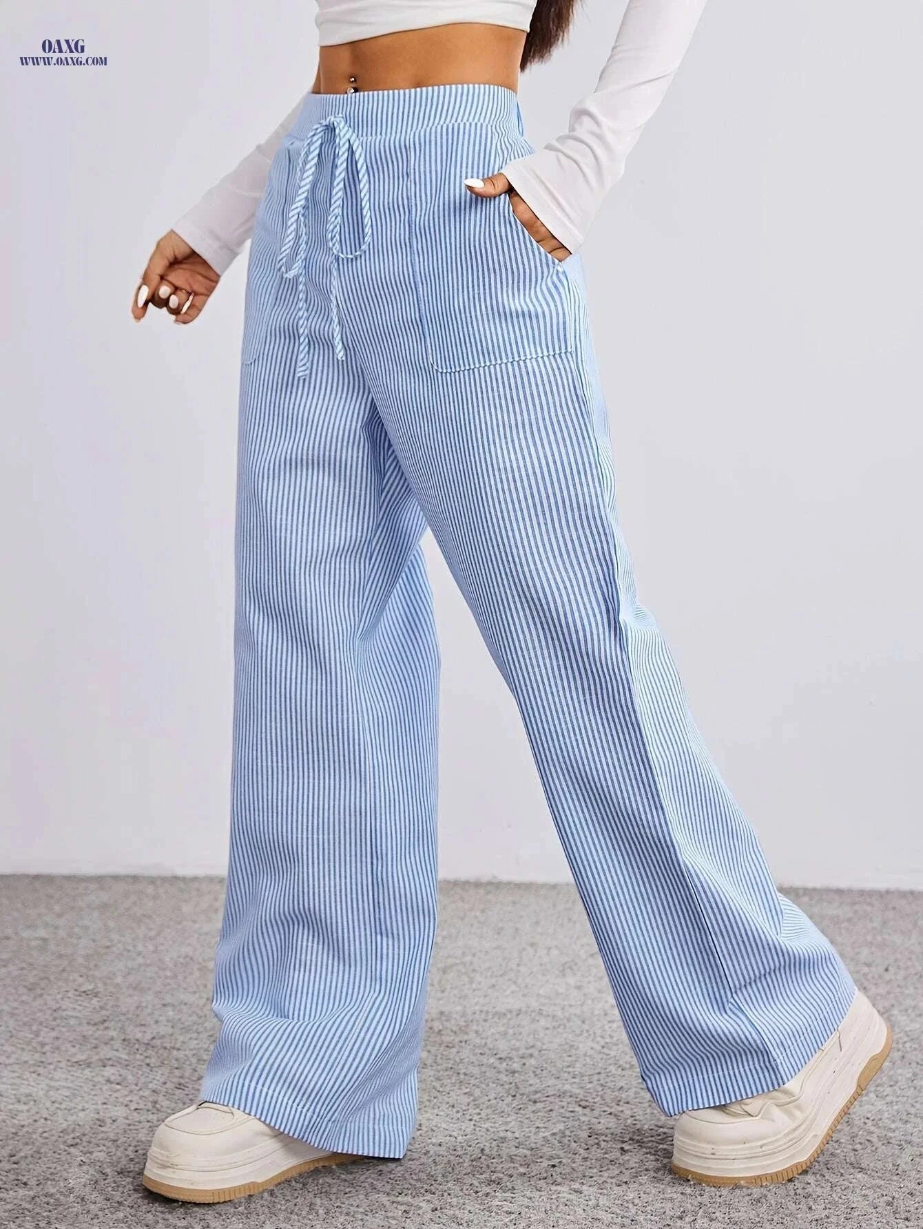 Women's Striped Print Straight Leg Pants - Casual Drawstring Style   OAXG Blue / S