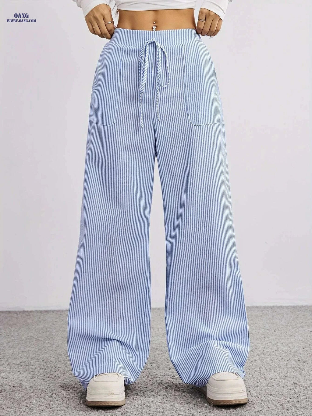 Women's Striped Print Straight Leg Pants - Casual Drawstring Style   OAXG Blue / S