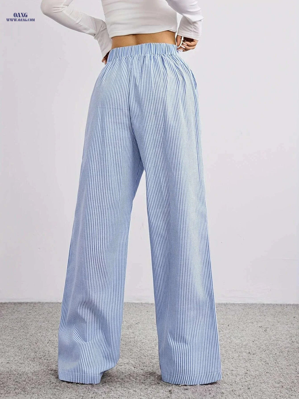 Women's Striped Print Straight Leg Pants - Casual Drawstring Style   OAXG Blue / S