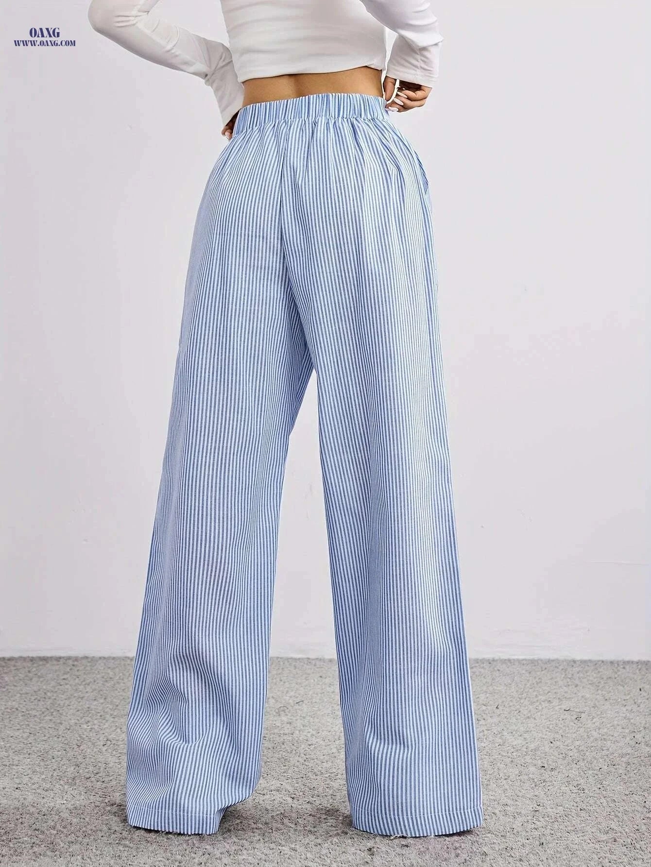 Women's Striped Print Straight Leg Pants - Casual Drawstring Style   OAXG Blue / S