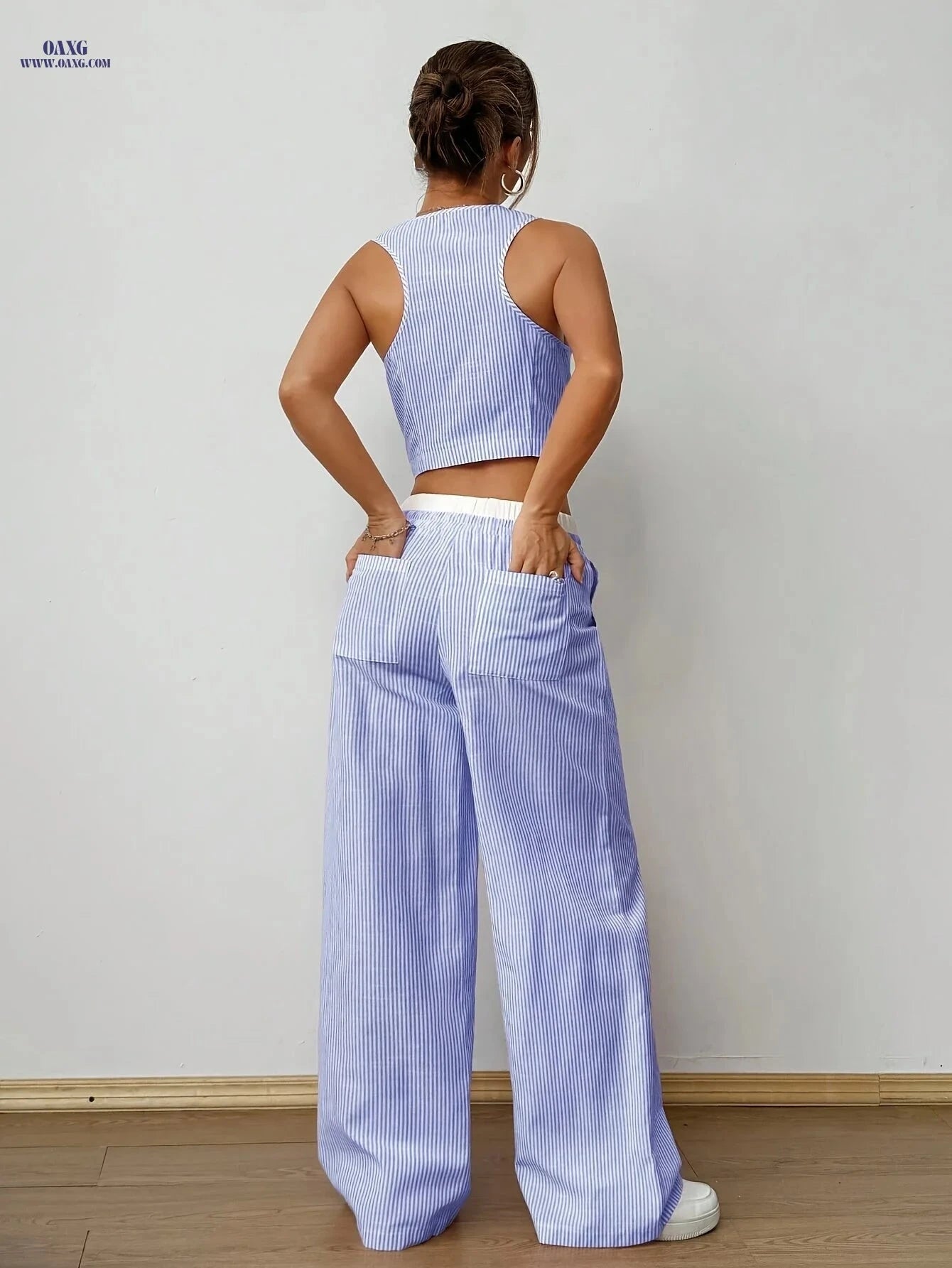 Women's Striped Sleeveless V-Neck Vest & Pants Set - Casual Style   OAXG Blue Strips / S