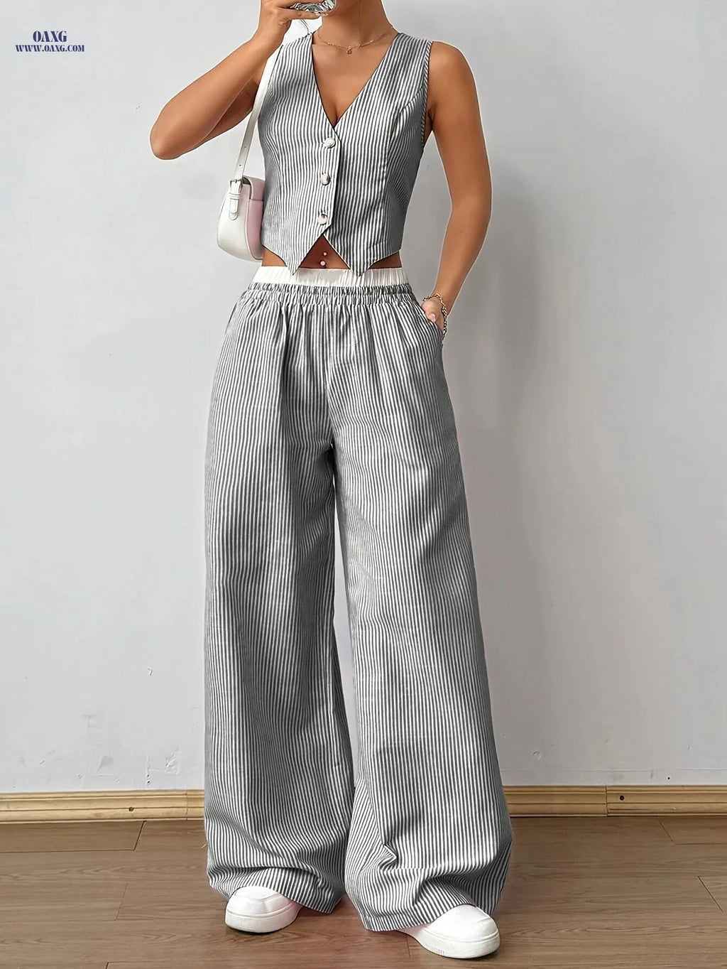 Women's Striped Sleeveless V-Neck Vest & Pants Set - Casual Style   OAXG Blue Strips / S