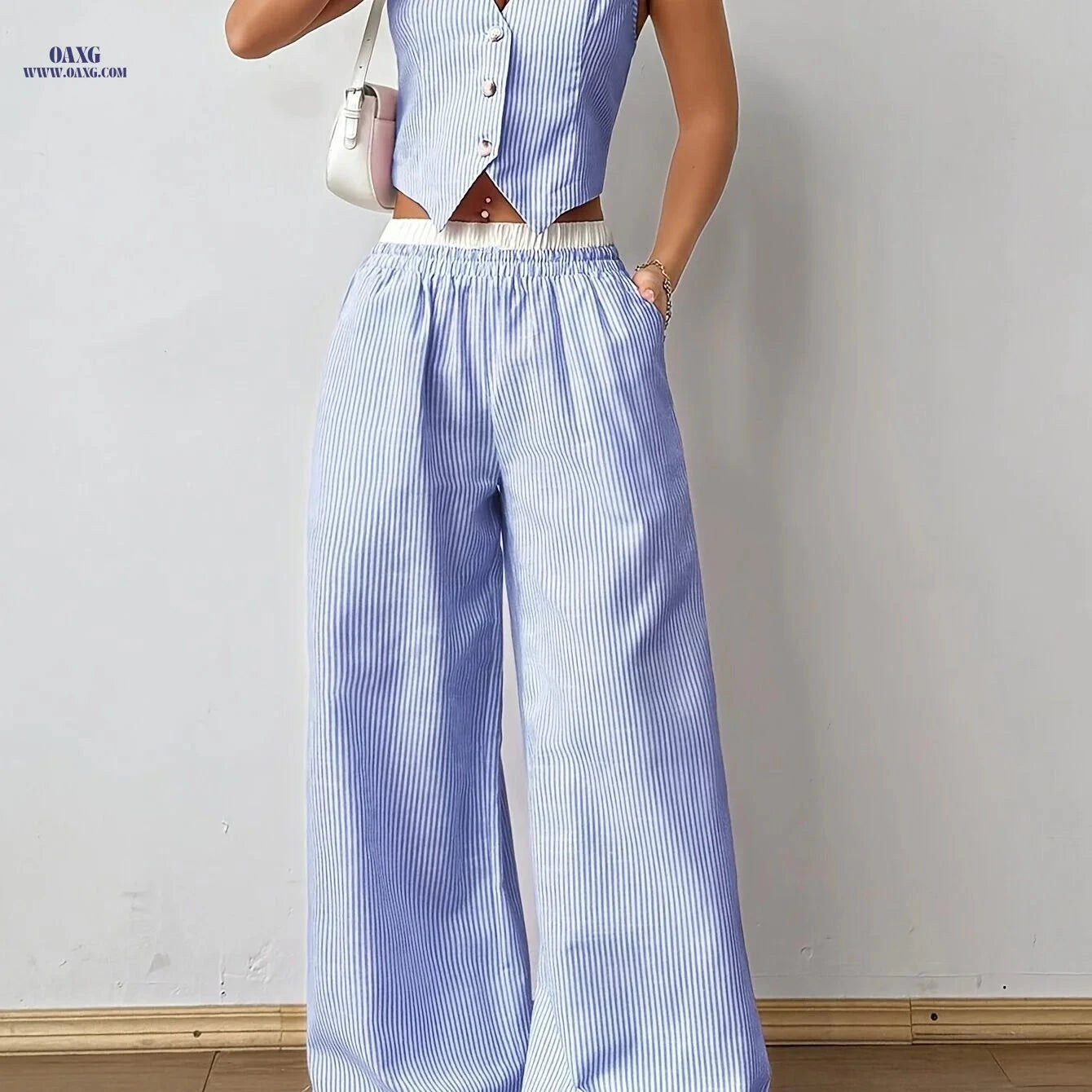 Women's Striped Sleeveless V-Neck Vest & Pants Set - Casual Style   OAXG Blue Strips / S