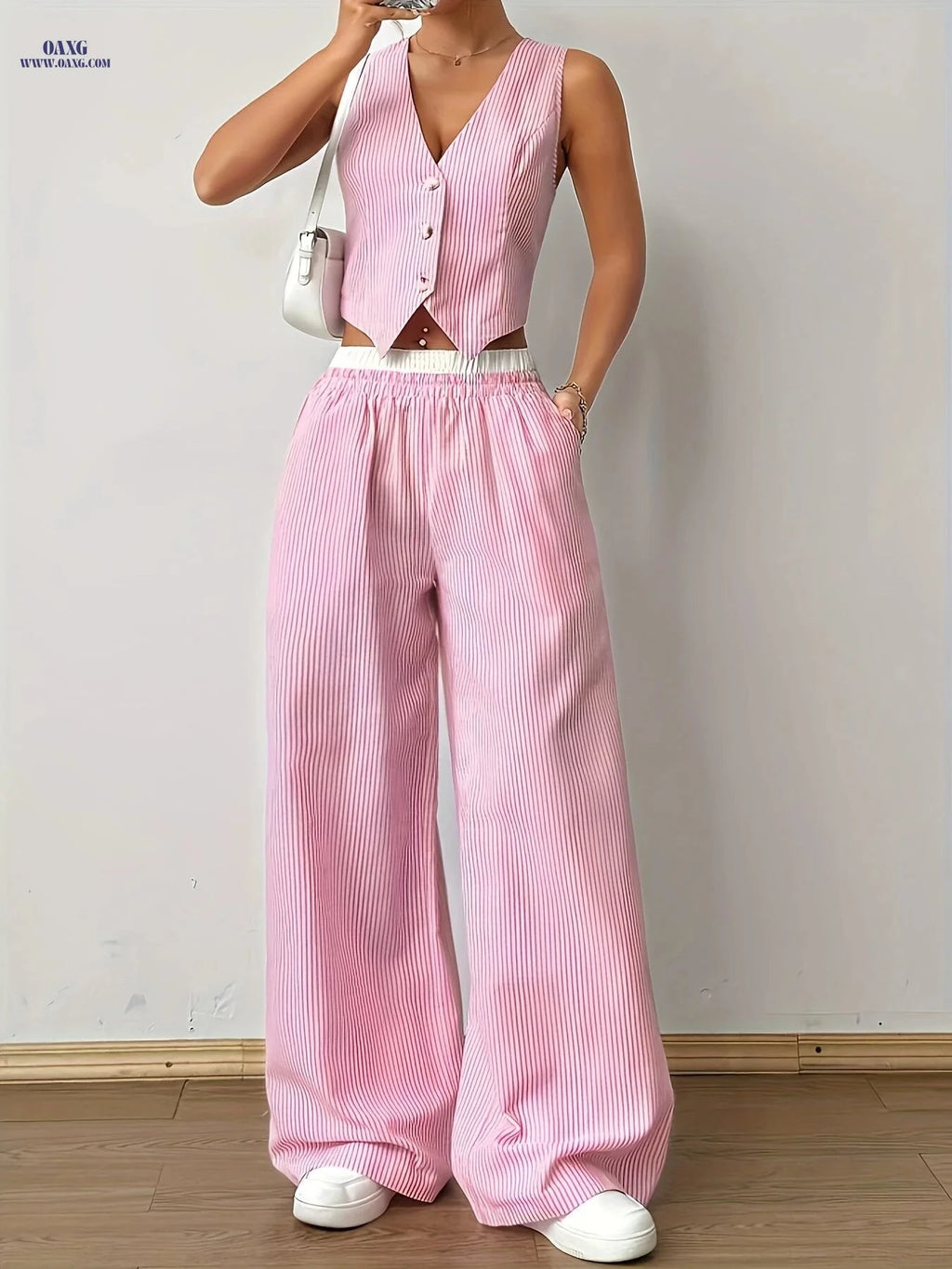 Women's Striped Sleeveless V-Neck Vest & Pants Set - Casual Style   OAXG Blue Strips / S