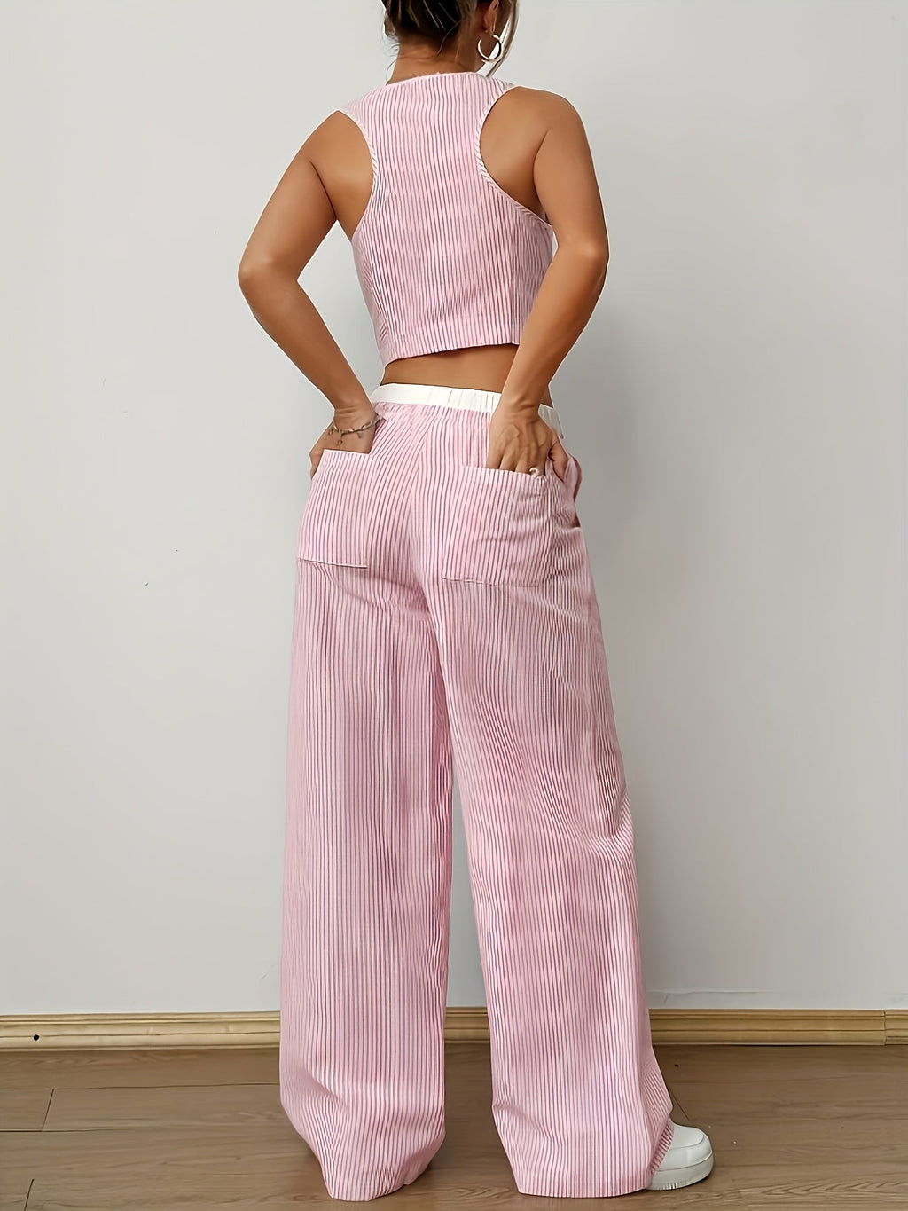 Women's Striped Sleeveless V-Neck Vest & Pants Set - Casual Style   OAXG 
