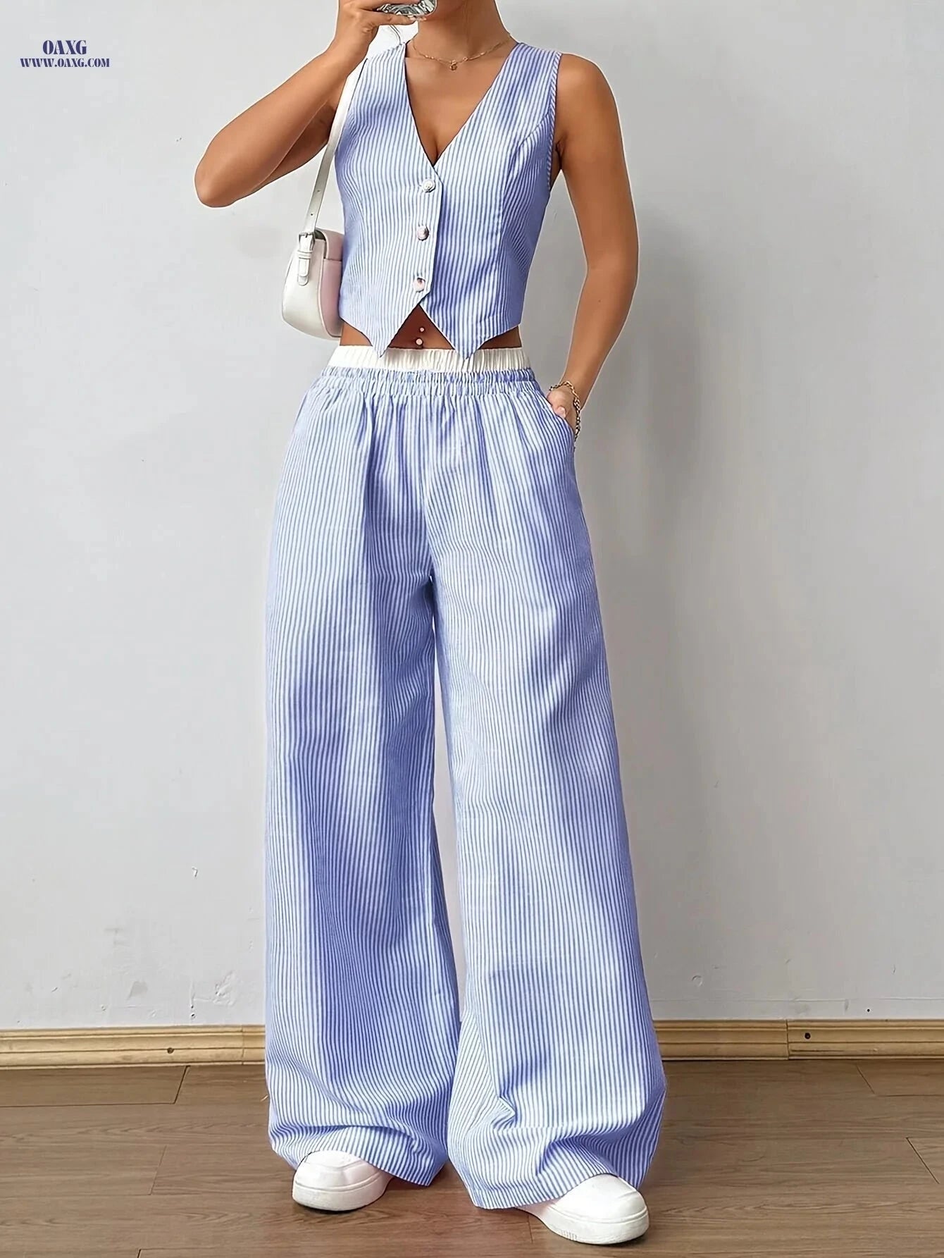 Women's Striped Sleeveless V-Neck Vest & Pants Set - Casual Style   OAXG 
