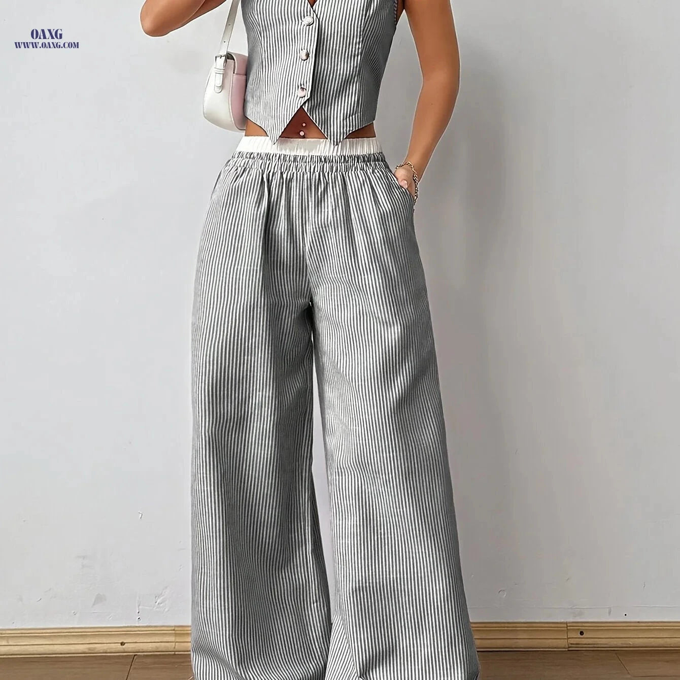 Women's Striped Sleeveless V-Neck Vest & Pants Set - Casual Style   OAXG 