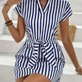 Women's Striped Summer Skirt - Casual V-Neck Beach Dress   OAXG Blue / S
