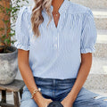 Women'S Striped V-Neck Puff Sleeve Shirt, Polyester Regular Fit Short Sleeve Top with Stand Collar and Tight Hem for Spring/Summer   OAXG Multicolor / S