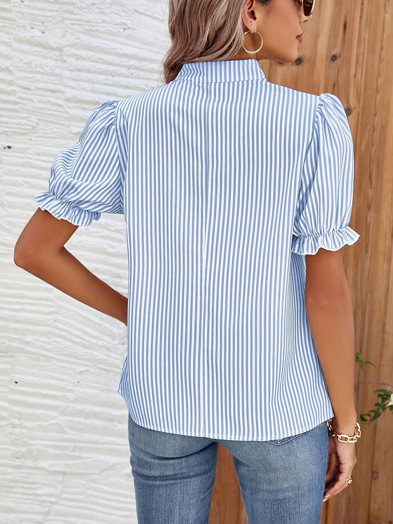 Women'S Striped V-Neck Puff Sleeve Shirt, Polyester Regular Fit Short Sleeve Top with Stand Collar and Tight Hem for Spring/Summer   OAXG Multicolor / S