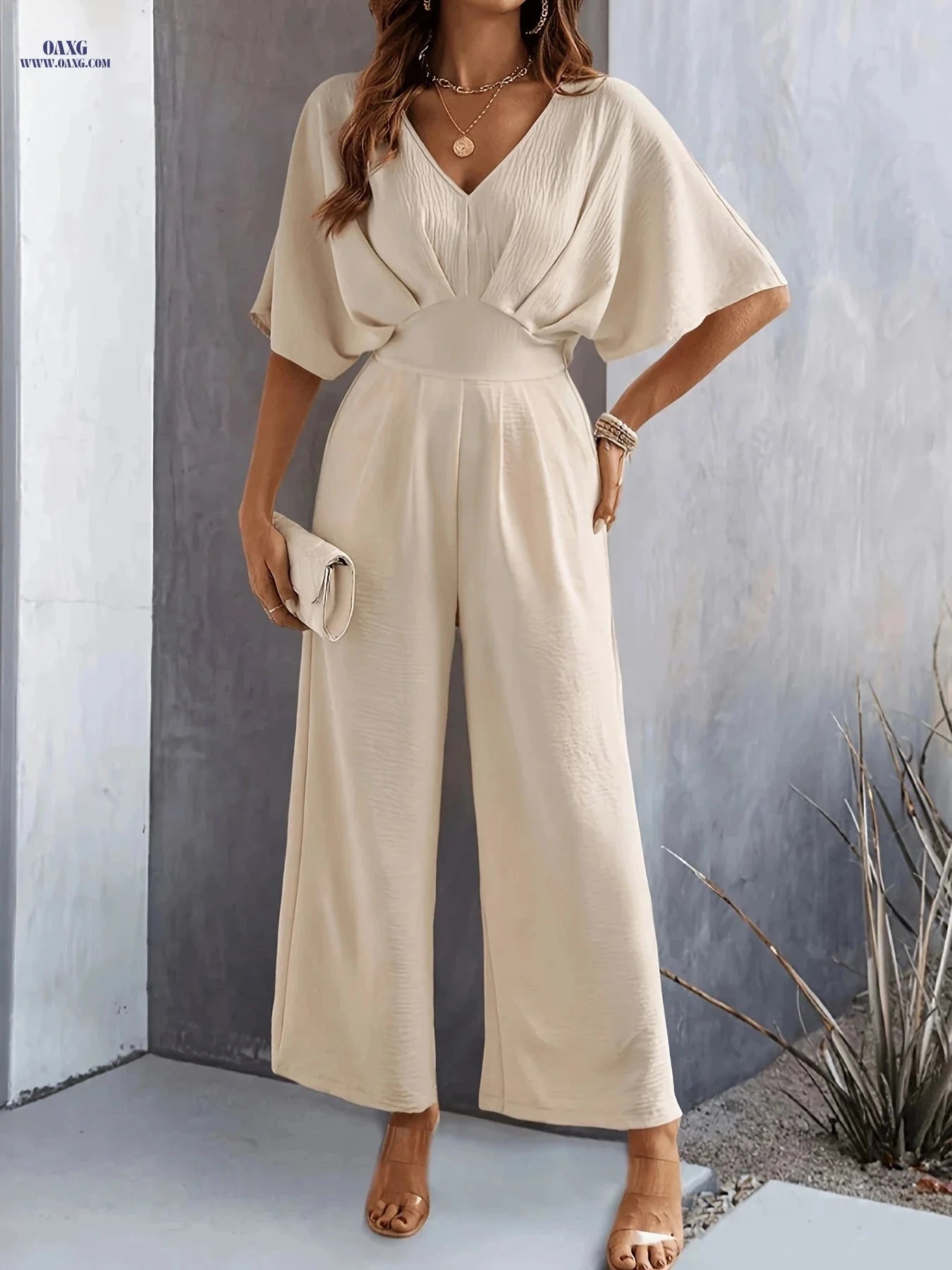Women's Stylish Casual Jumpsuit - Perfect Summer V-Neck Design   OAXG Khaki / S