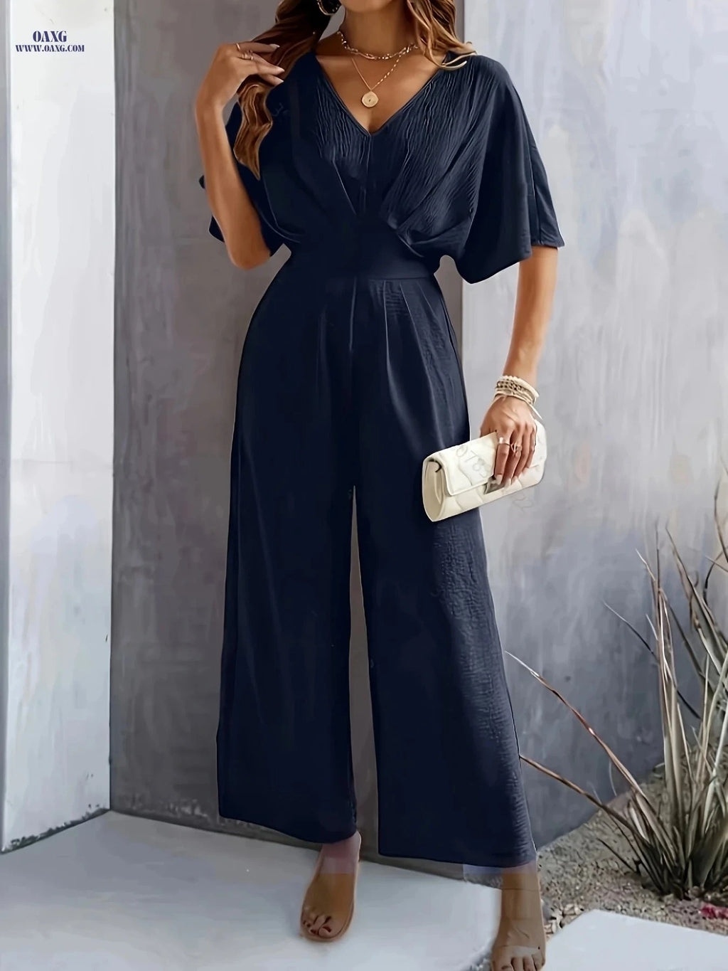 Women's Stylish Casual Jumpsuit - Perfect Summer V-Neck Design   OAXG Khaki / S