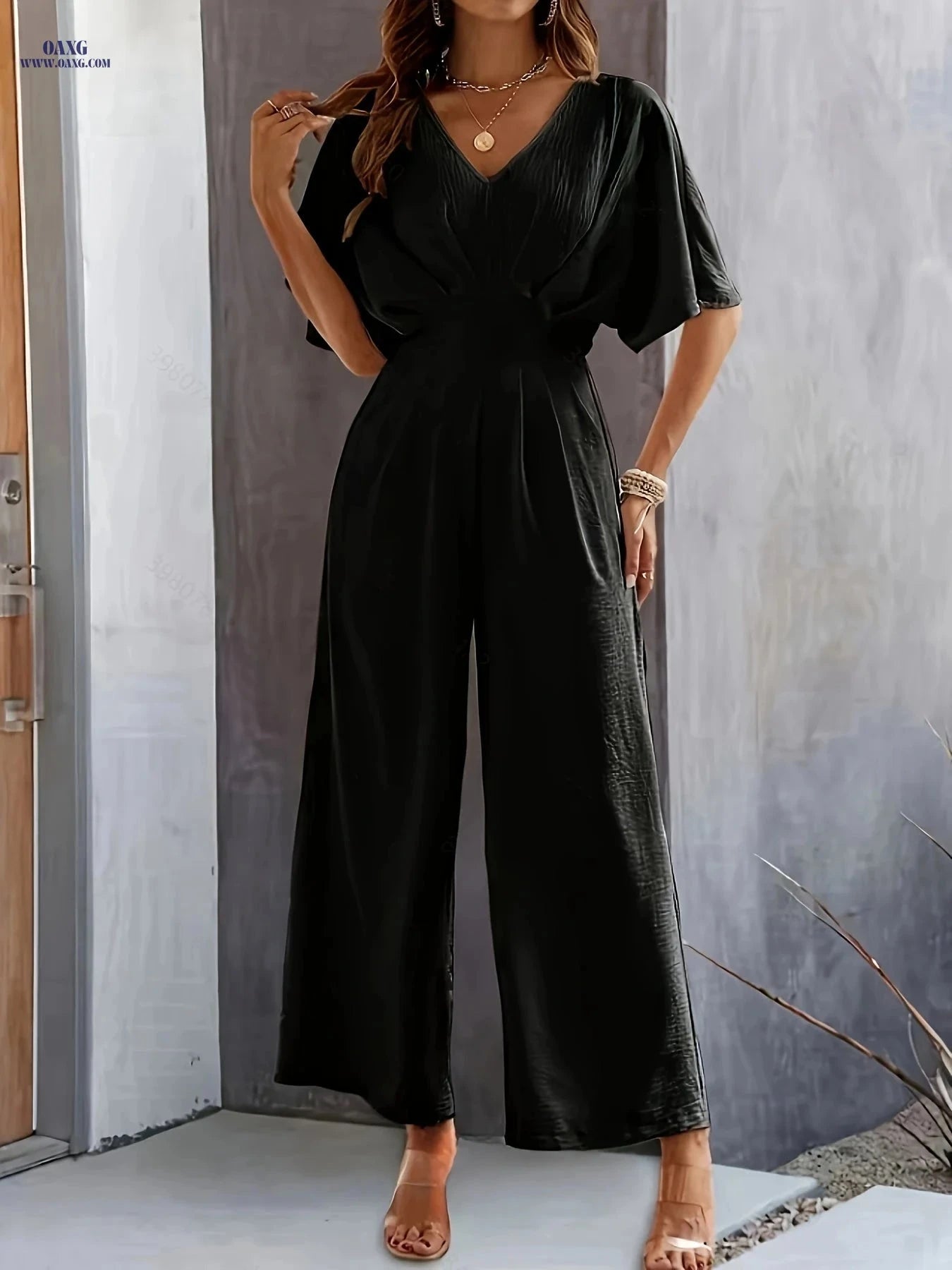 Women's Stylish Casual Jumpsuit - Perfect Summer V-Neck Design   OAXG Khaki / S