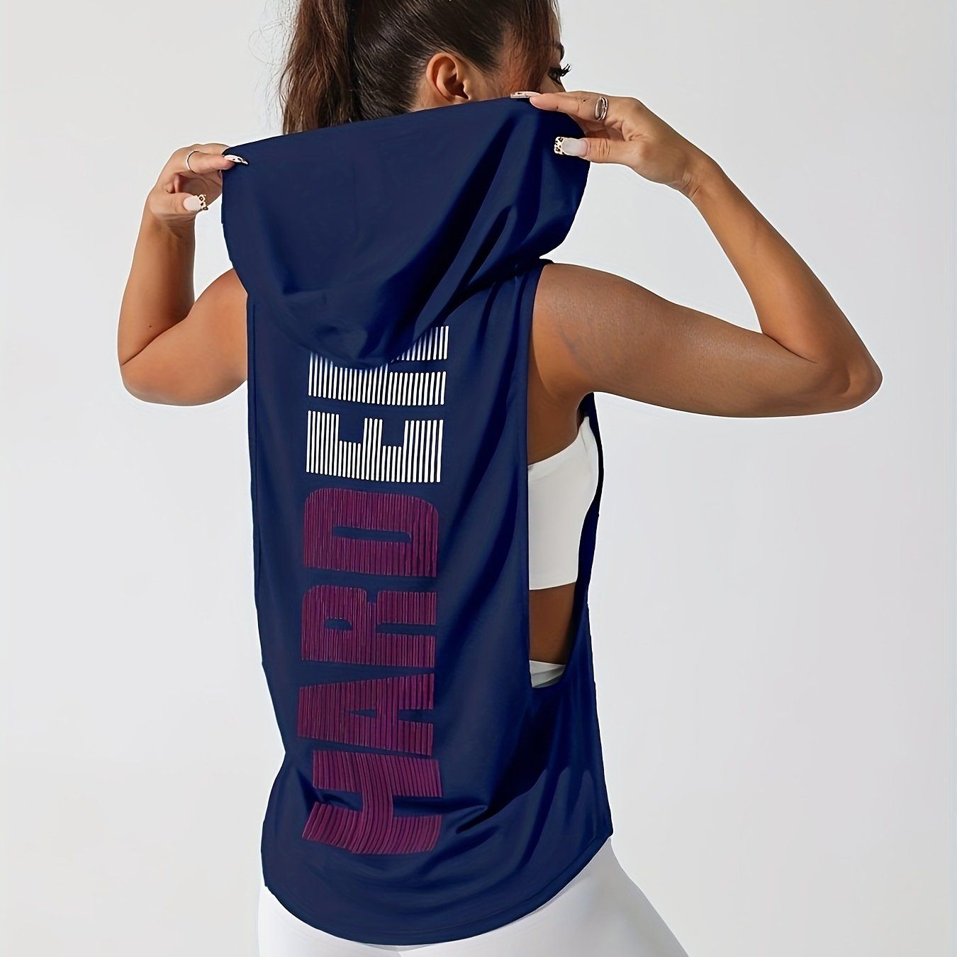 Women's Stylish Print Hooded Tank Top - Sleeveless, Stretchy Polyester, Machine Washable, Casual Sporty Design with "HARD" Graphic, Perfect for Spring/Summer Workouts   OAXG Grey / S