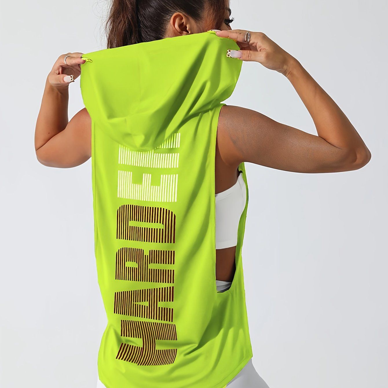 Women's Stylish Print Hooded Tank Top - Sleeveless, Stretchy Polyester, Machine Washable, Casual Sporty Design with "HARD" Graphic, Perfect for Spring/Summer Workouts   OAXG Grey / S