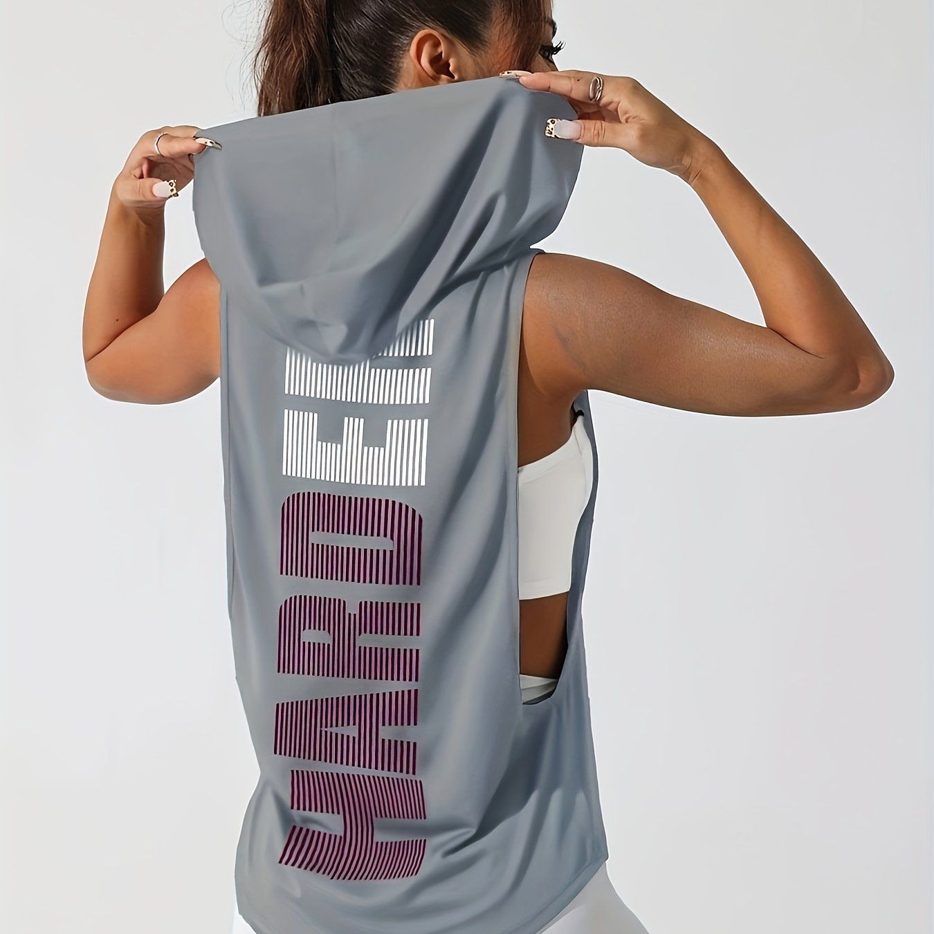 Women's Stylish Print Hooded Tank Top - Sleeveless, Stretchy Polyester, Machine Washable, Casual Sporty Design with "HARD" Graphic, Perfect for Spring/Summer Workouts   OAXG Grey / S