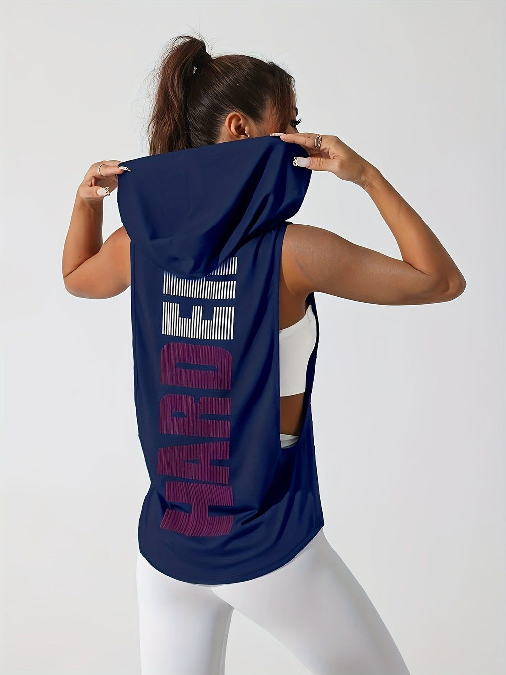 Women's Stylish Print Hooded Tank Top - Sleeveless, Stretchy Polyester, Machine Washable, Casual Sporty Design with "HARD" Graphic, Perfect for Spring/Summer Workouts   OAXG Grey / S