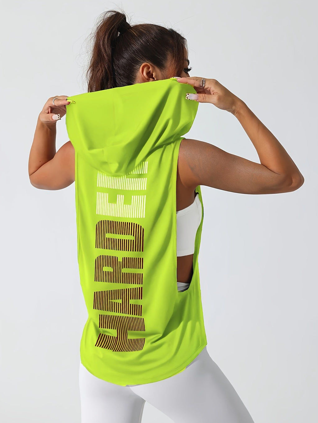Women's Stylish Print Hooded Tank Top - Sleeveless, Stretchy Polyester, Machine Washable, Casual Sporty Design with "HARD" Graphic, Perfect for Spring/Summer Workouts   OAXG Grey / S