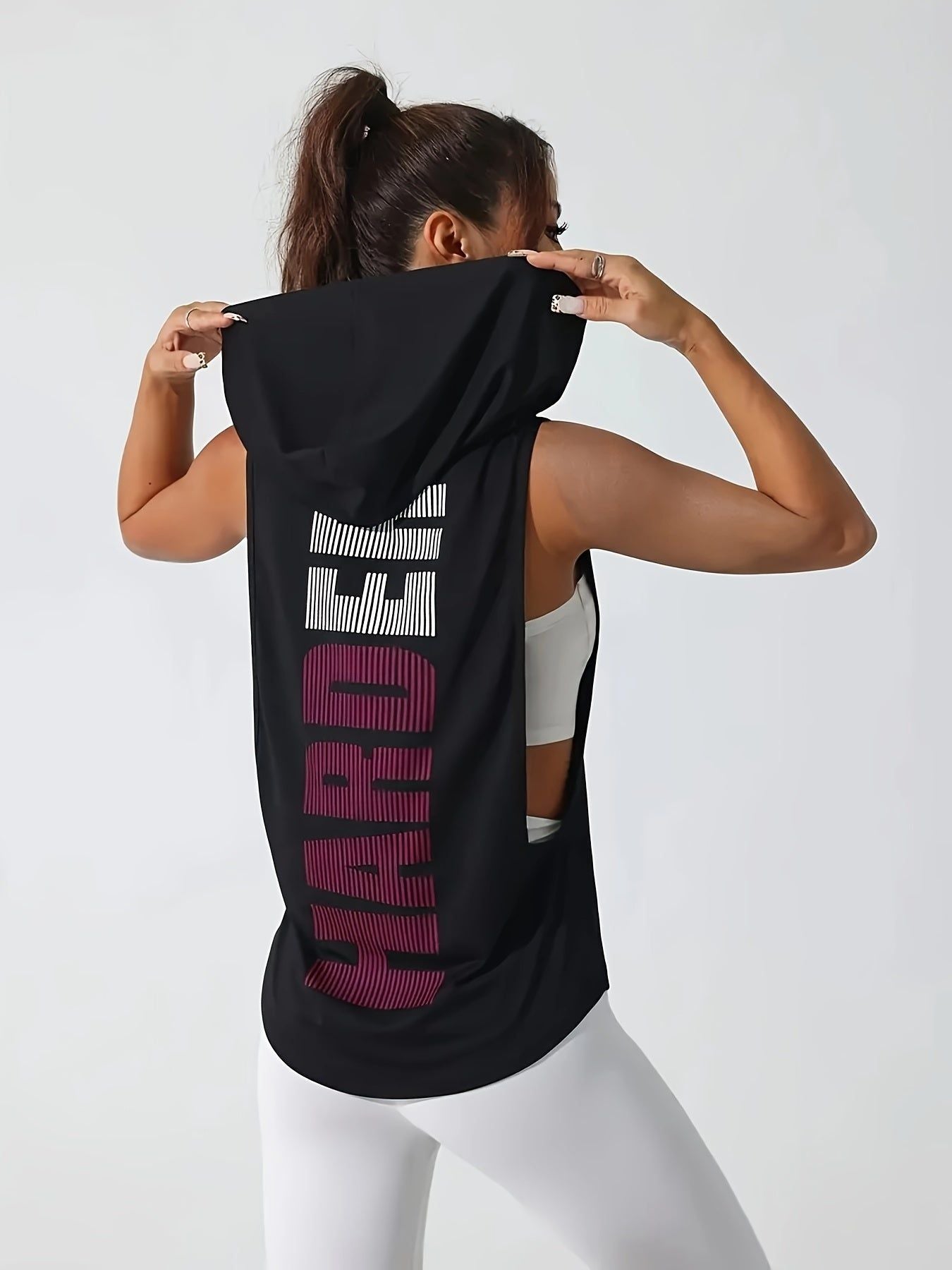 Women's Stylish Print Hooded Tank Top - Sleeveless, Stretchy Polyester, Machine Washable, Casual Sporty Design with "HARD" Graphic, Perfect for Spring/Summer Workouts   OAXG Grey / S