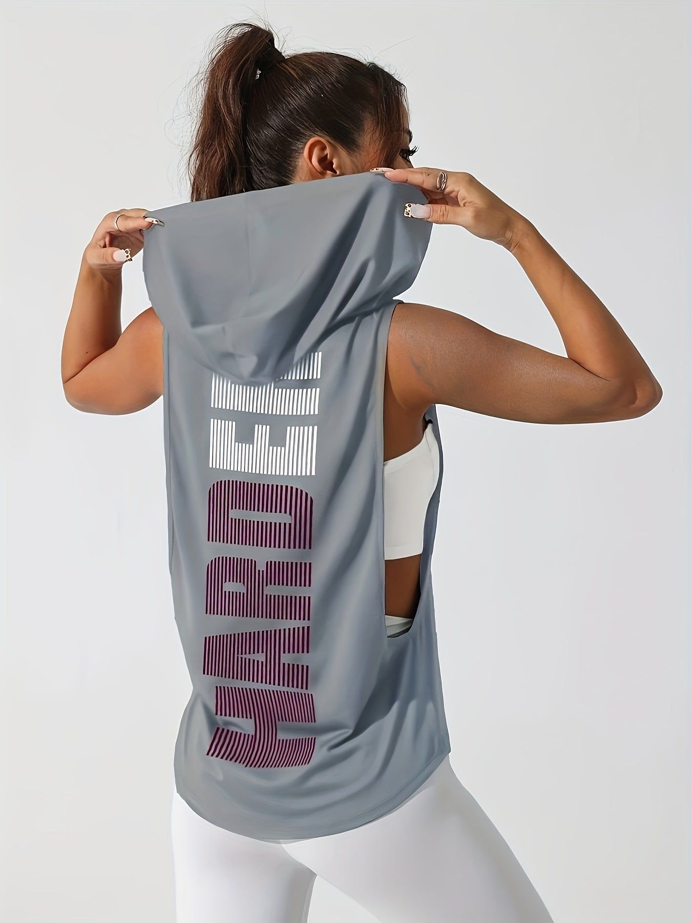 Women's Stylish Print Hooded Tank Top - Sleeveless, Stretchy Polyester, Machine Washable, Casual Sporty Design with "HARD" Graphic, Perfect for Spring/Summer Workouts   OAXG Grey / S
