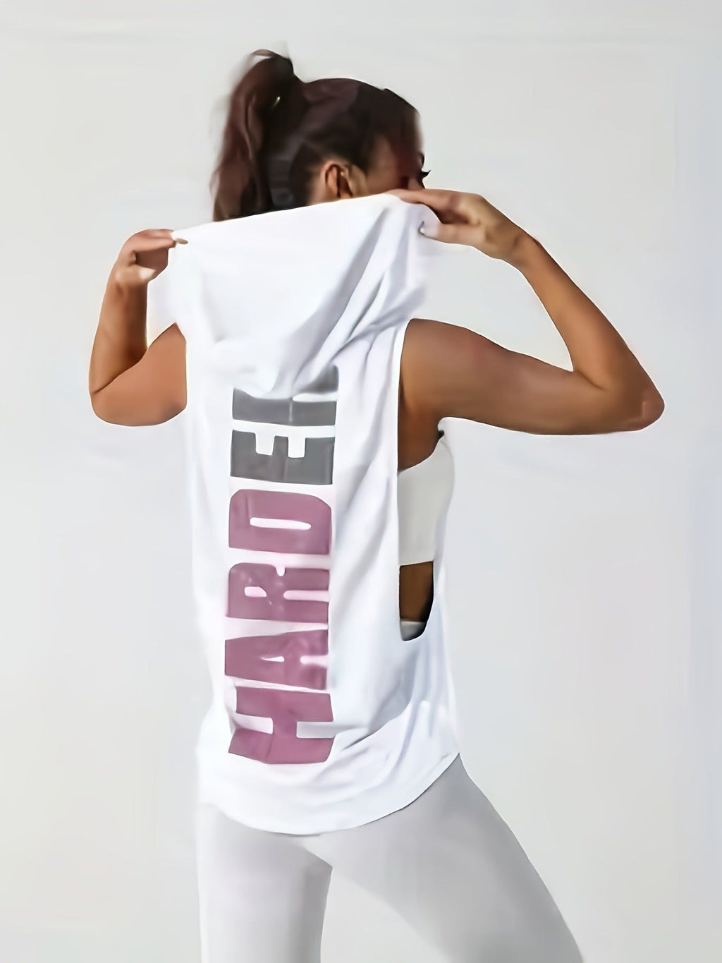 Women's Stylish Print Hooded Tank Top - Sleeveless, Stretchy Polyester, Machine Washable, Casual Sporty Design with "HARD" Graphic, Perfect for Spring/Summer Workouts   OAXG Grey / S