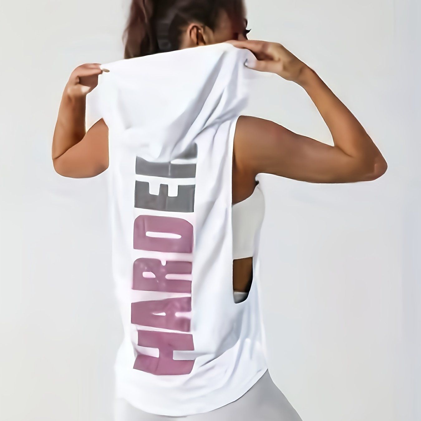 Women's Stylish Print Hooded Tank Top - Sleeveless, Stretchy Polyester, Machine Washable, Casual Sporty Design with "HARD" Graphic, Perfect for Spring/Summer Workouts   OAXG Grey / S