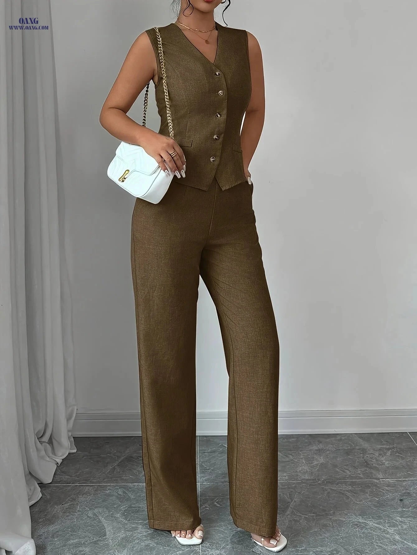 Women's Stylish Sleeveless V-Neck Vest & Straight-Leg Pants Set   OAXG Blue / S
