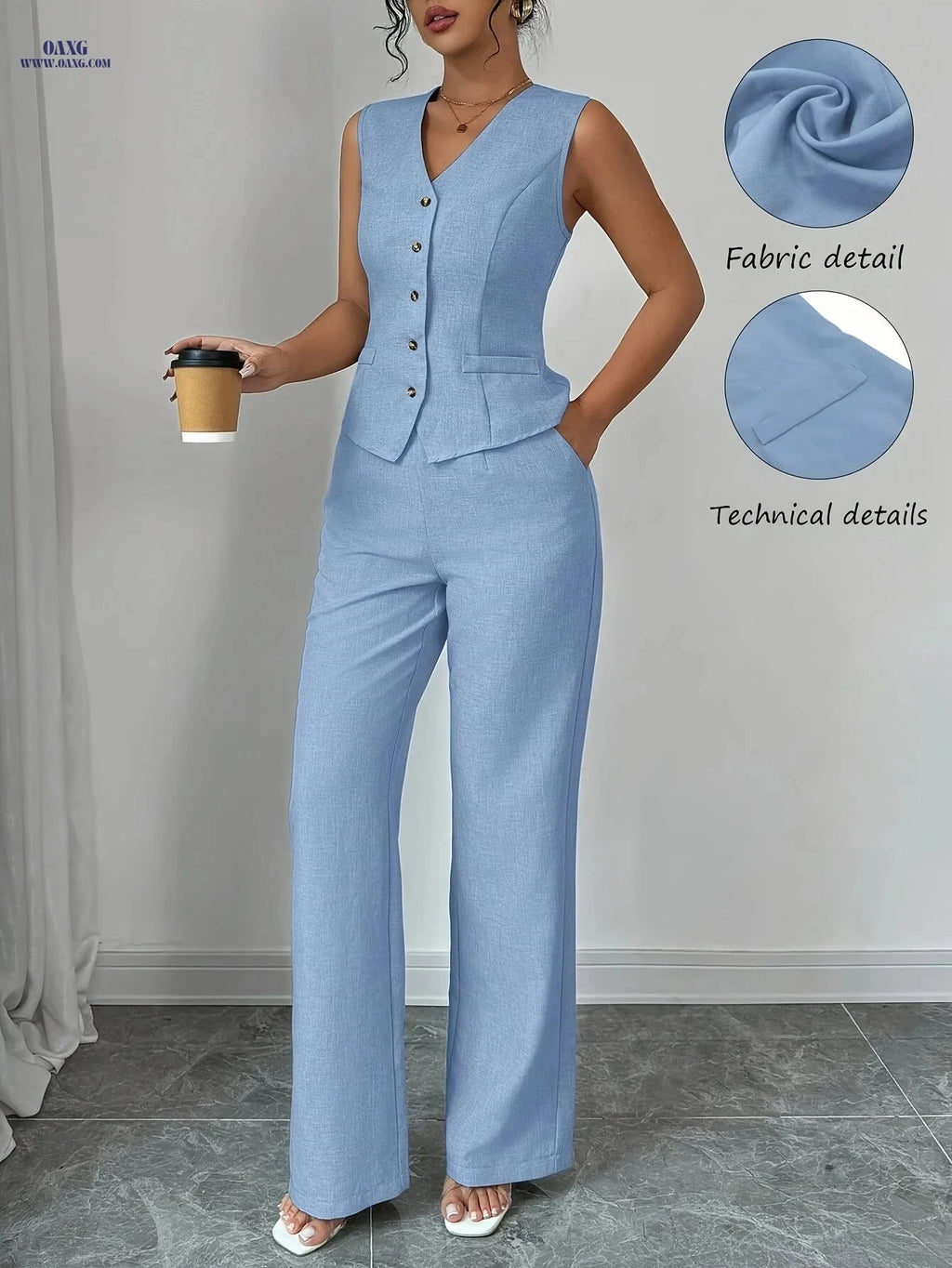 Women's Stylish Sleeveless V-Neck Vest & Straight-Leg Pants Set   OAXG Blue / S