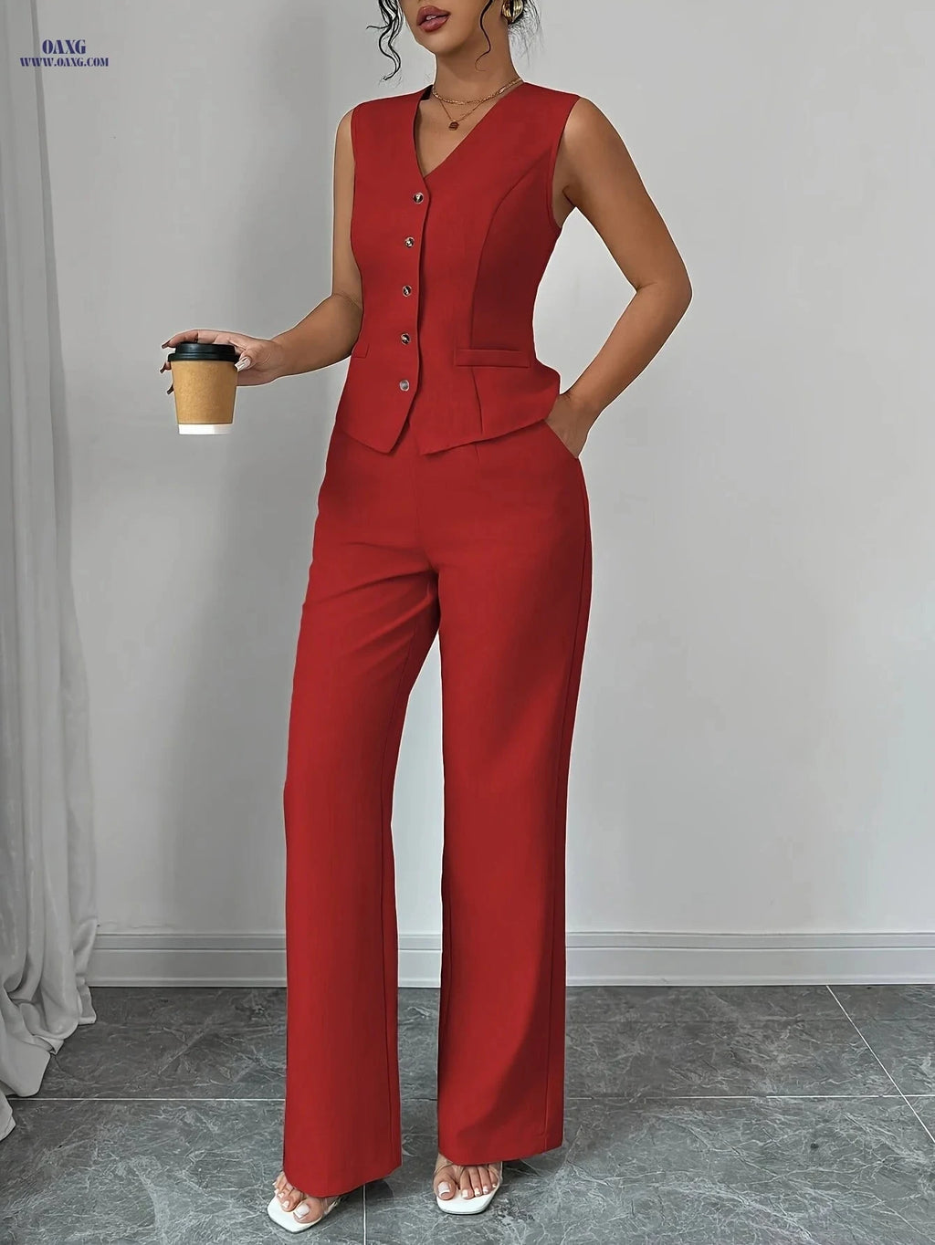 Women's Stylish Sleeveless V-Neck Vest & Straight-Leg Pants Set   OAXG Blue / S
