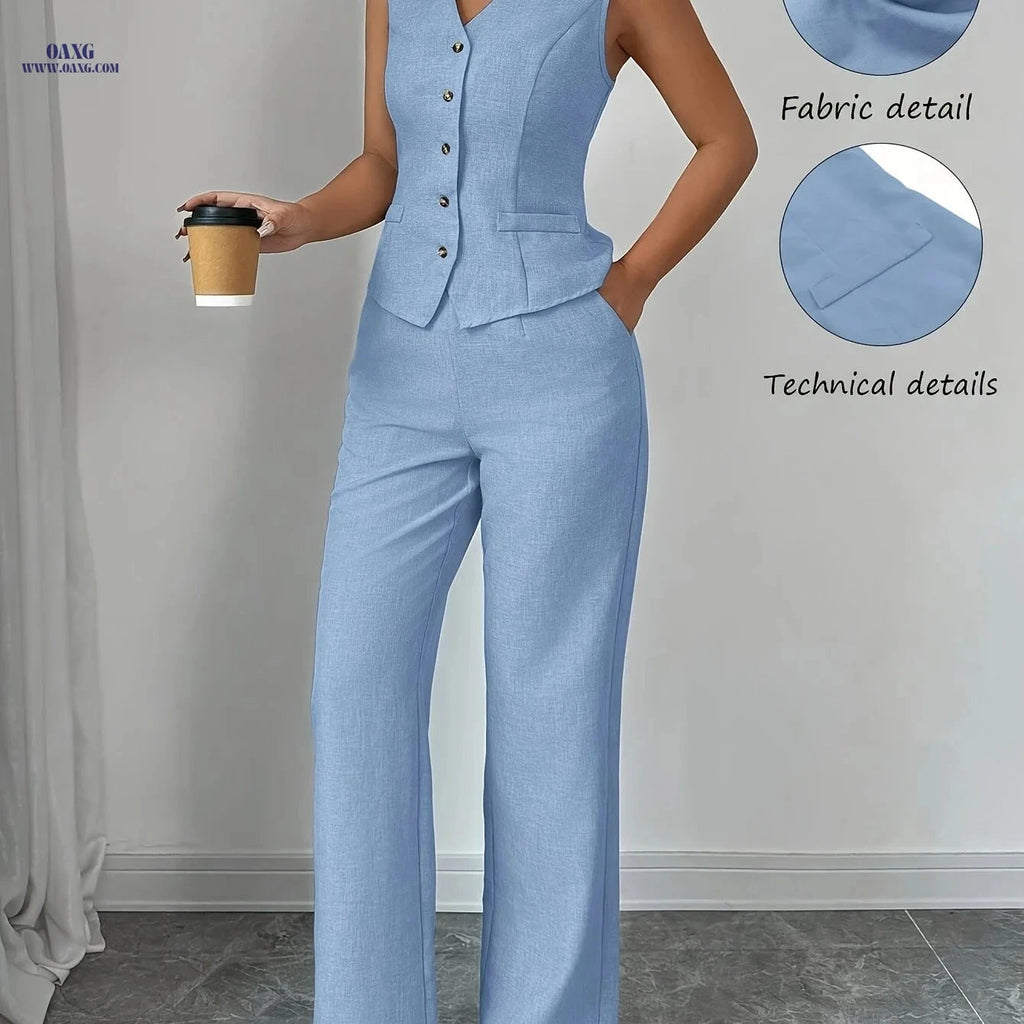 Women's Stylish Sleeveless V-Neck Vest & Straight-Leg Pants Set   OAXG Blue / S