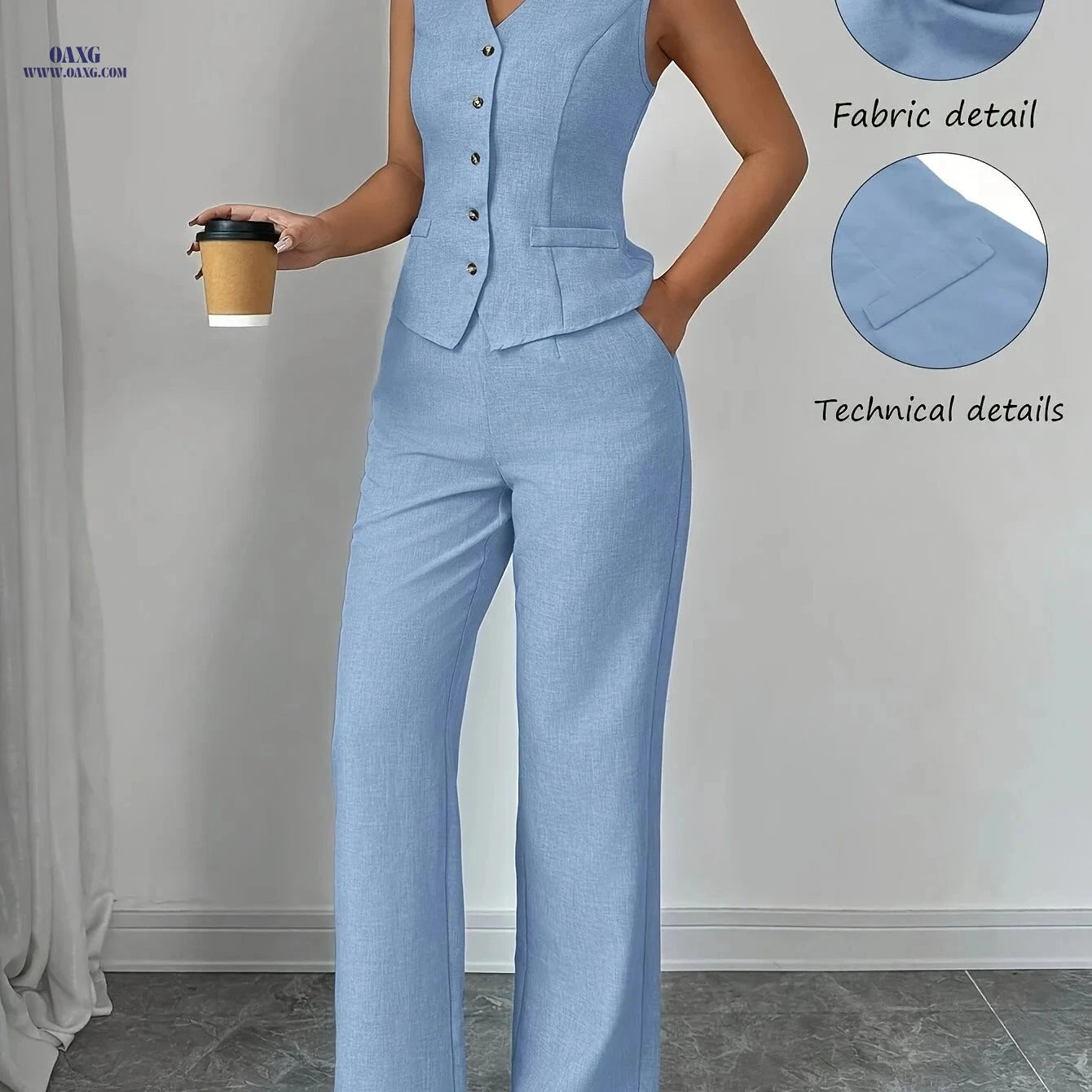 Women's Stylish Sleeveless V-Neck Vest & Straight-Leg Pants Set   OAXG Blue / S